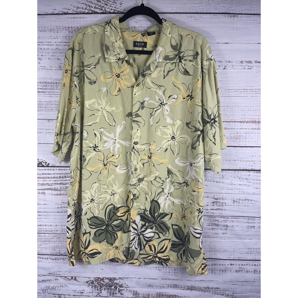 Izod Golf Shirt Men's XL Green Yellow Floral Silk Linen Hawaiian Camp Button Up